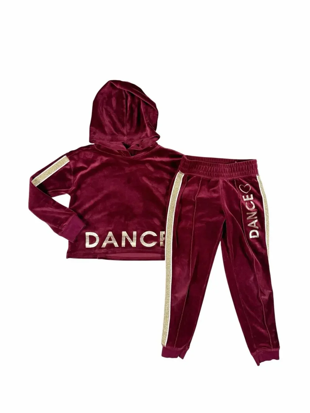 Justice Active Girls Velour Dance Hoodie Jogger Set Burgundy Gold Glitter Size 7